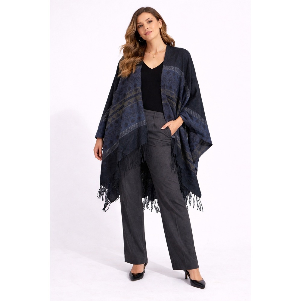 Atmosphere‎ Blue Patterned Poncho Wrap Fringe Boho One Size